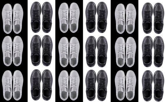 Background sports shoes. Rows of black and white sneakers on a striped background.