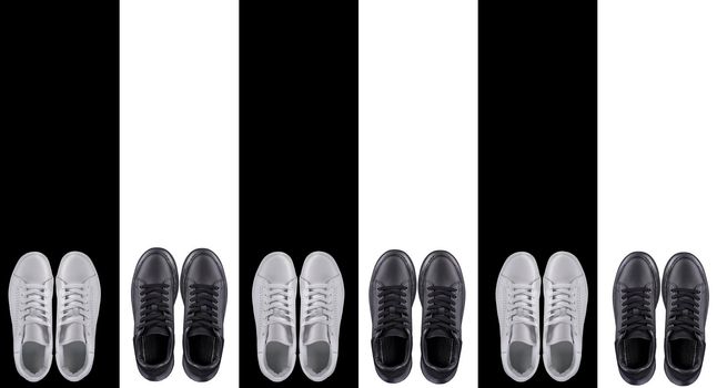Background sports shoes. Black and white sneakers on a striped background.