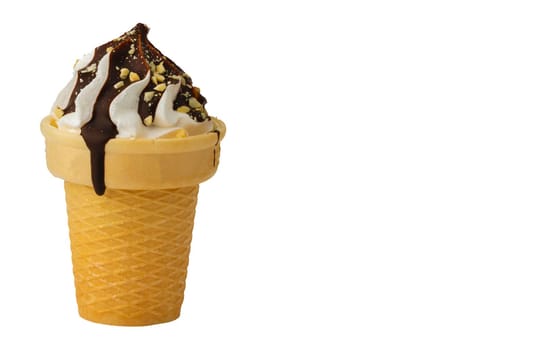 Ice cream. Sweet ice dessert in a waffle cone poured with chocolate on a white background.Beautiful dessert.