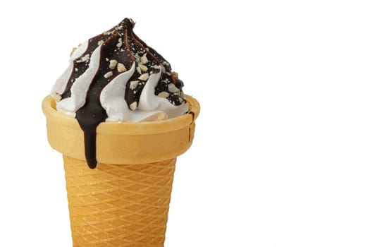 Ice cream. Sweet ice dessert in a waffle cone poured with chocolate on a white background.Beautiful dessert.