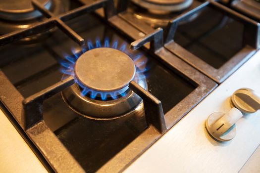 Gas stove burner with blue flame. Gas.