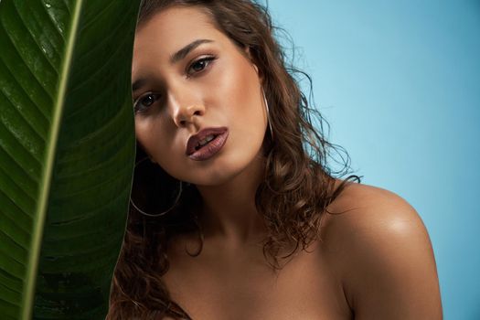 Close up of beautiful naked female model looking at camera. Crop portrait of young brunette woman with perfect makeup posing with mouth open, holding big green leaf, isolated on blue.