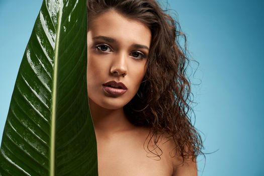 Close up of beautiful naked female model looking at camera. Crop portrait of young brunette woman with perfect makeup posing with mouth open, holding big green leaf, isolated on blue.