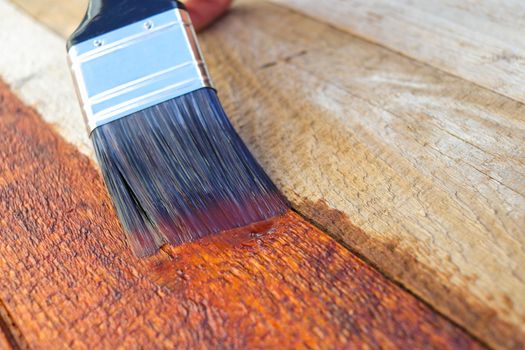 Paintbrush brushstroke applying wood sealant to old wood surface close-up, South Africa