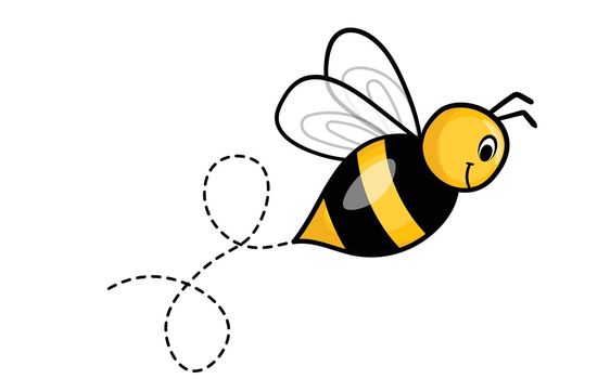 Set of cartoon bee mascot. A small bees flying on a dotted route. Wasp collection. Vector characters. Incest icon. Template design for invitation, cards. Doodle style.