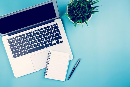 Flat lay of Laptop computer and plant and pen on desk in office, workplace and notebook and potted tree and book, workspace and copy space, top view, object with above, business concept.