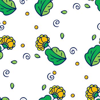 Seamless Pattern Design Marker Drawn Bright Floral Pattern with Colorful Leaves and Blooming Flowers on White Background.