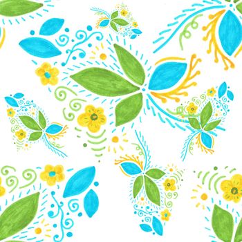 Seamless Pattern Design Marker Drawn Bright Floral Pattern with Colorful Leaves and Blooming Flowers on White Background.