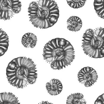 Hand-Drawn Seamless Pattern of Gray and Yellow Colored Steampunk Sunflower of Various Sizes on White Backdrop.