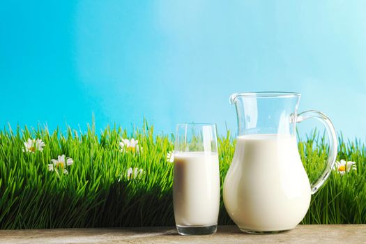 Glass of milk and jar on fresh grass meadow with chamomiles