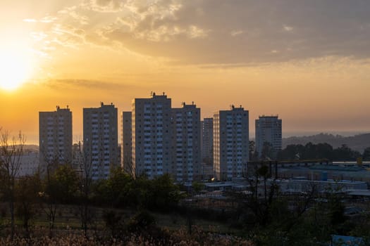 City landscape with sunset background. Sukhumi, Abkhazia