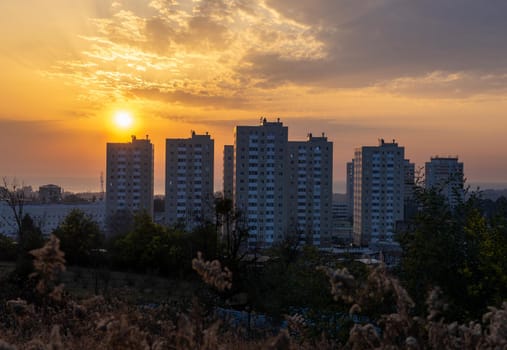 City landscape with sunset background. Sukhumi, Abkhazia