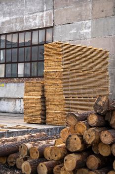 Storage of piles of wooden boards on the sawmill. Boards are stacked in a carpentry shop. Sawing drying and marketing of wood. Pine lumber for furniture production, construction. Lumber Industry