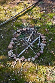 Circle of stones, with wooden sticks inside, symbols, vegetation