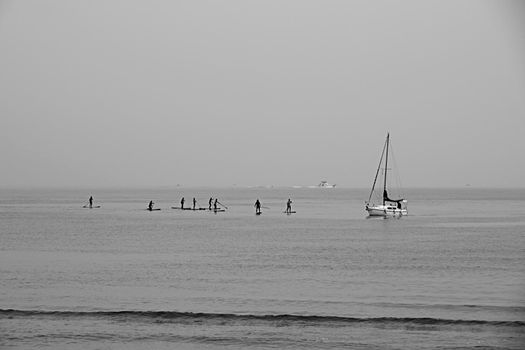 Group of people paddle surfing next to a sailboat, black and white, silhouettes, beach, yacht