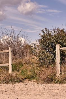 Entrance to a field between a fence, blue sky with clouds, vegetation, sand, bush.