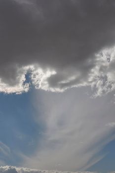 Sky full of dark white clouds. Horizontal white, blue and grey background