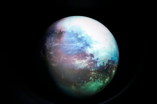 Image of planet earth on black background. Colourful, blue sea clouds