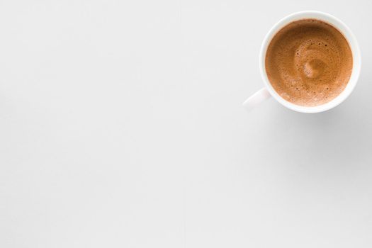 Drinks menu, italian espresso recipe and organic shop concept - Cup of hot french coffee as breakfast drink, flatlay cups on white background