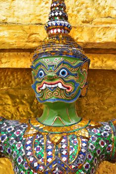 closeup face of Yak(giant) statue at Wat Phra Kaew in Bangkok, Thailand.