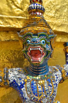 closeup face of Yak(giant) statue at Wat Phra Kaew in Bangkok, Thailand.