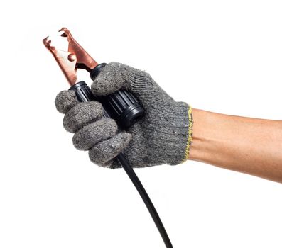 human hand holding black jumper cable for car battery
