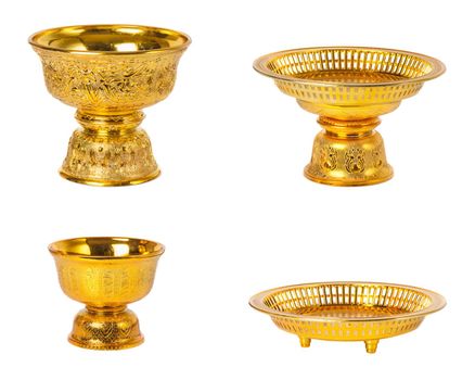 4 different golden tray with pedestal (vintage style) in Thailand isolated on white background