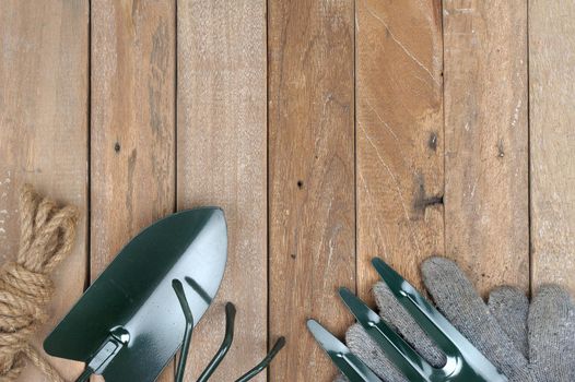 gardening tools on wooden plank background