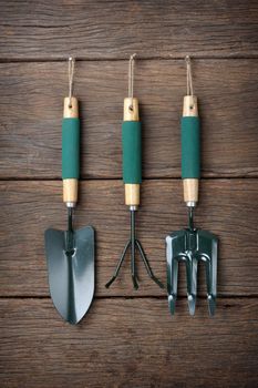 gardening tools hanging on wooden plank background