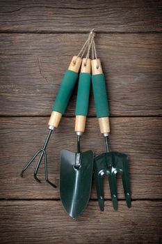 gardening tools hanging on wooden plank background