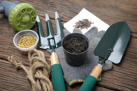 gardening tools and black soil