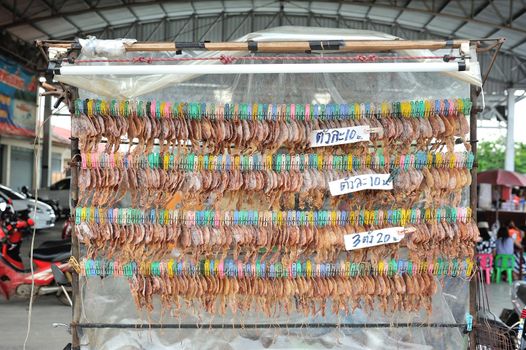 Row of appetizing dry squids for sale in Thailand market