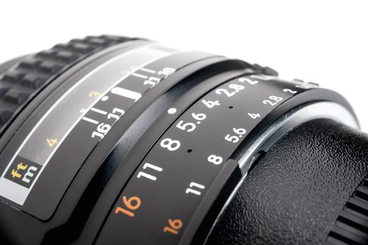 closeup details of camera lens, Aperture ring with f-stop number