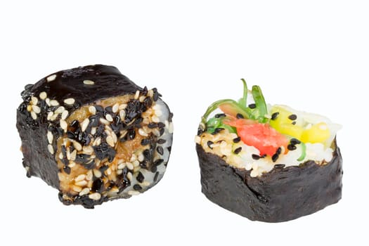 Two sushi on a white background. Japanese food
