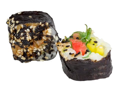 Two sushi on a white background. Japanese food