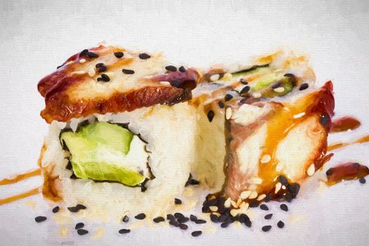 Sushi rolls japanese food isolated on white background.California Sushi roll with tuna, vegetables and unagi sauce closeup.Japanese Restaurant Menu.