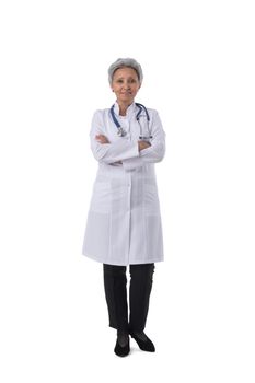 Mature female asian doctor woman with arms folded full length portrait isolated on white background