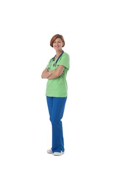 Smiling young woman health care worker standing with arms crossed isolated over white background