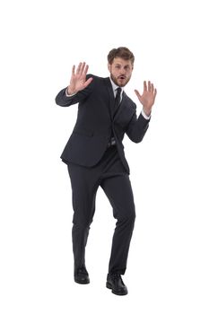 Young handsome business man Rejection expression showing palms doing negative sign, no