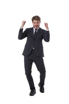 Very happy successful gesturing young business man, full length portrait isolated on white background