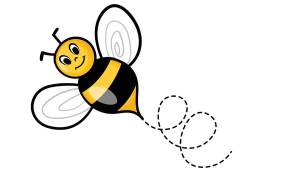 Set of cartoon bee mascot. A small bees flying on a dotted route. Wasp collection. Vector characters. Incest icon. Template design for invitation, cards. Doodle style.