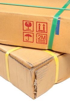 closeup detail of freight parcel with plastic strap