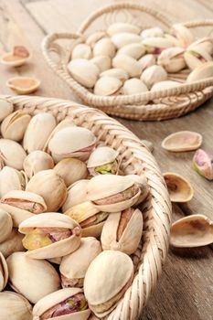 closeup roasted and cracked pistachios