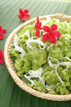 shredded rice grain with coconut, traditional Thai dessert