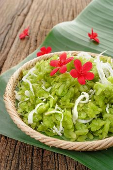 shredded rice grain with coconut, traditional Thai dessert