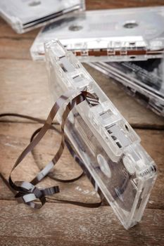 closeup detail of clear plastic tape cassette