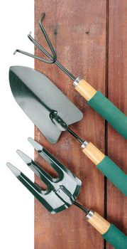 gardening tools on wooden plank background