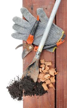 gardening tools on wooden plank background