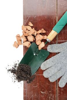 gardening tools on wooden plank background