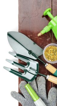 gardening tools on wooden plank background